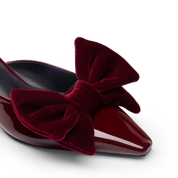 Velvet Bow Kitten Heeled Mules - RED WINE - 4